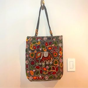 VINTAGE | Embroidered beaded floral elephant zip top tote made in India